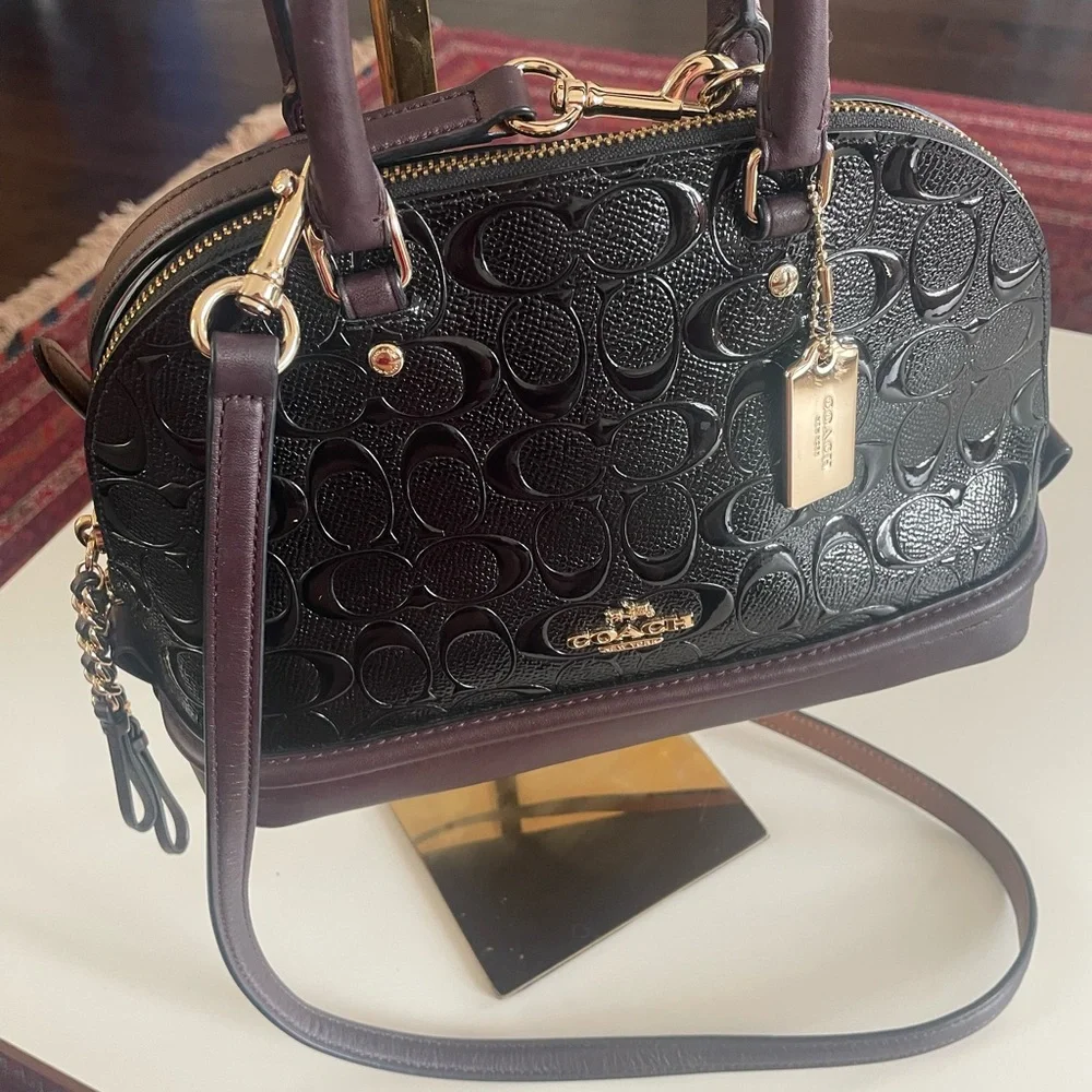 Coach Mini Sierra Satchel Black Patent Burgundy Leather Gold Hardware - Picture 4 of 12